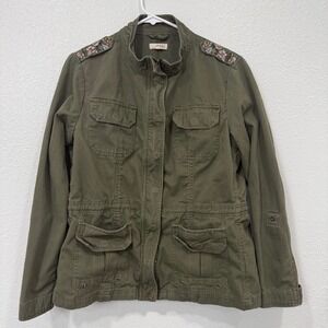 Artisan Crafted Olive Green Utility Jacket Floral Shoulder‎ Detail Women's Large